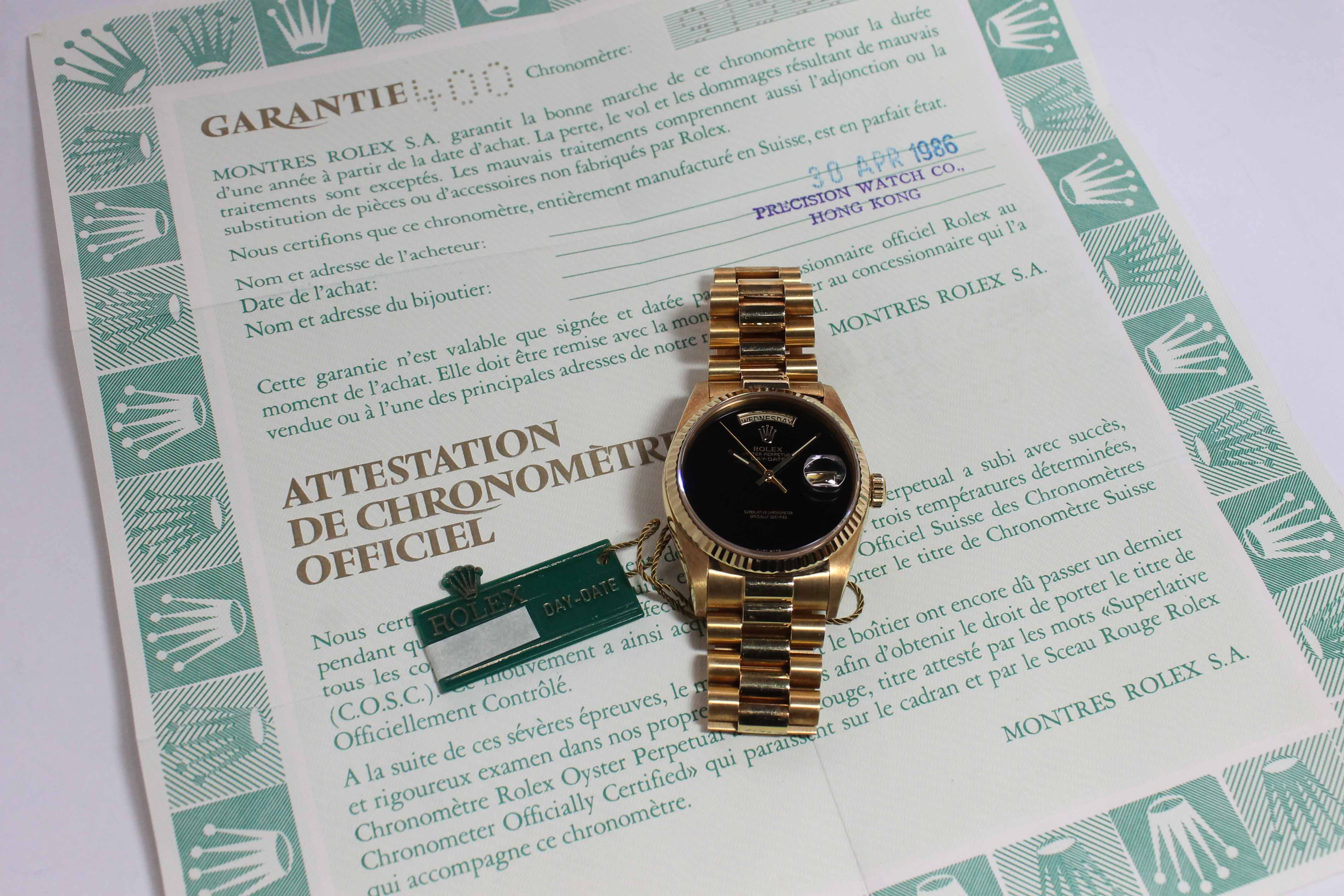 1987 Rolex Day Date Onyx Ref. 18038 (with Papers)