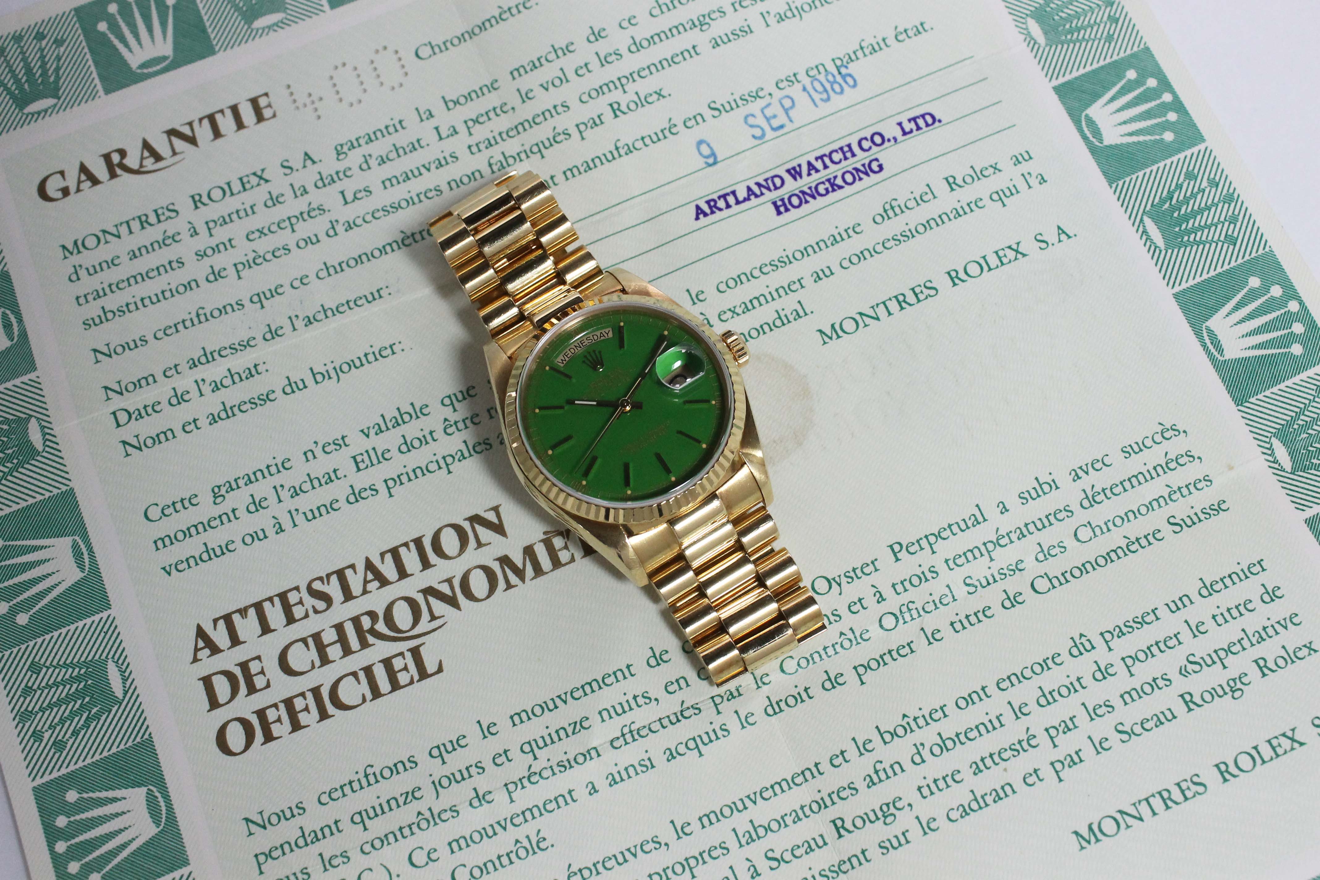 1980 Rolex Day Date Stella Green Ref. 18038 (with Box & Papers)