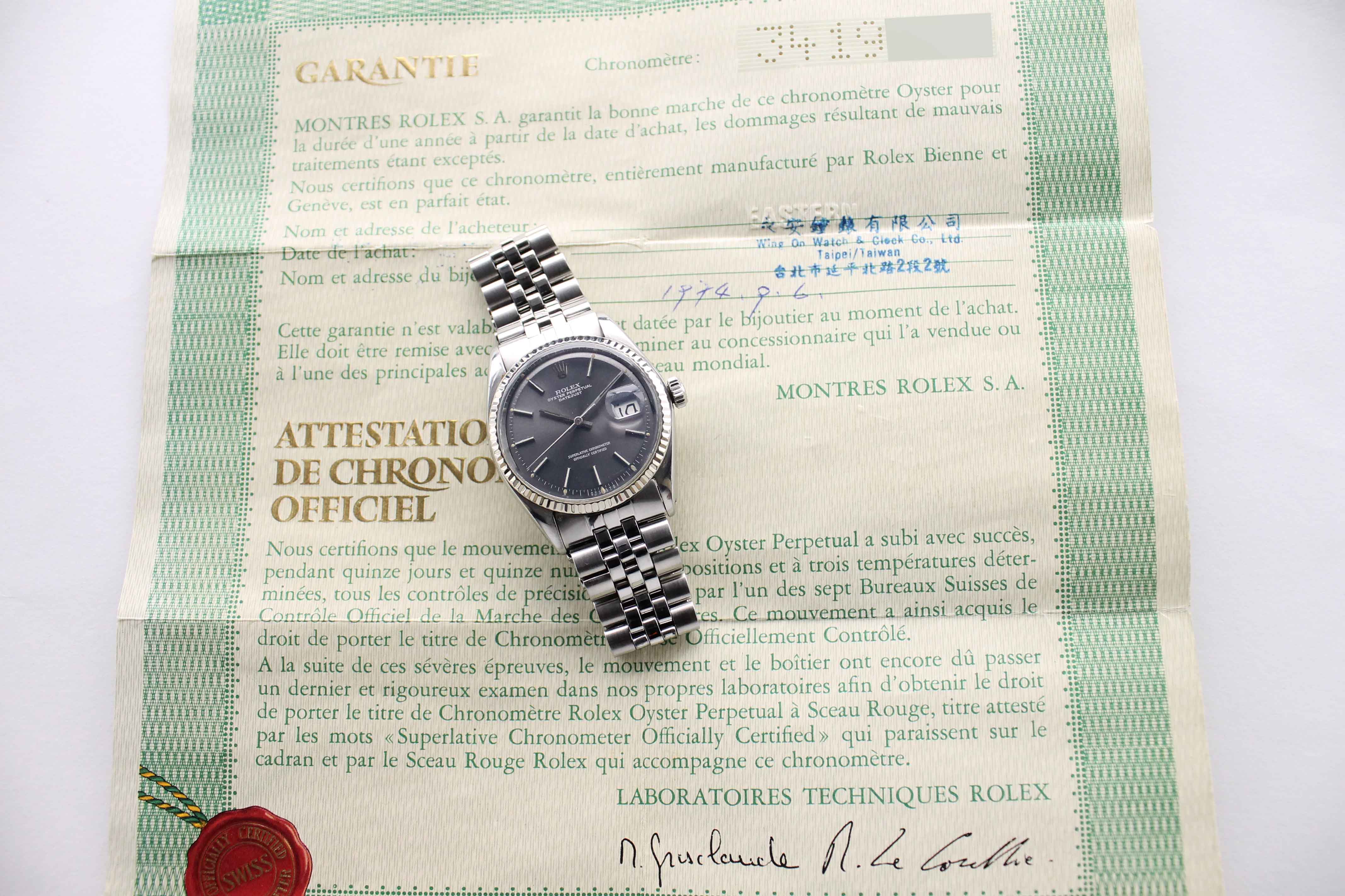 1973 Rolex Datejust Grey Dial St/WG Ref. 1601 (with Certificate)