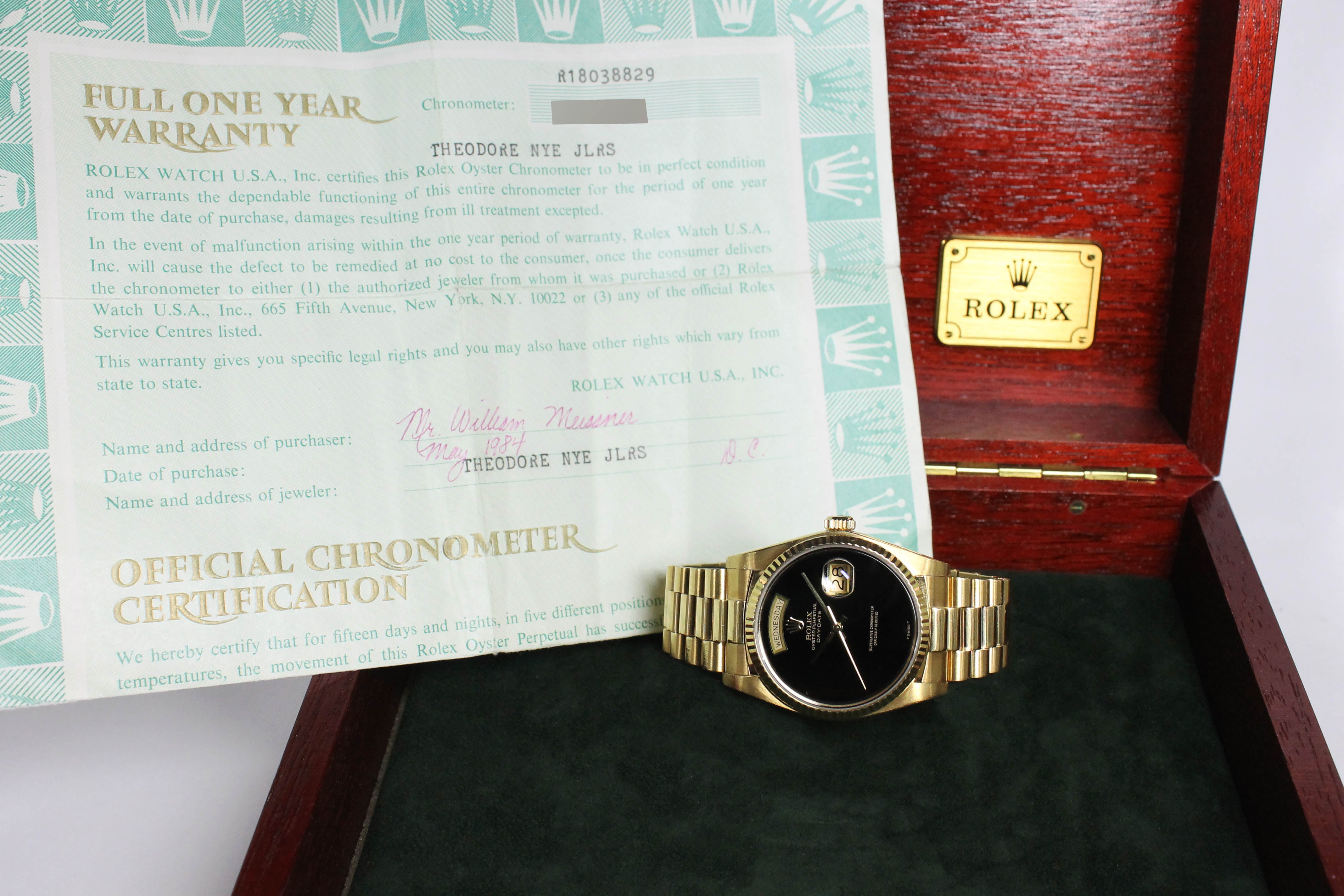 1984 Rolex Day Date Onyx Ref. 18038 (with Box & Papers)