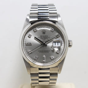 1996 Rolex Day Date Platinum Silver No Lume Diamond Dial Ref. 18206