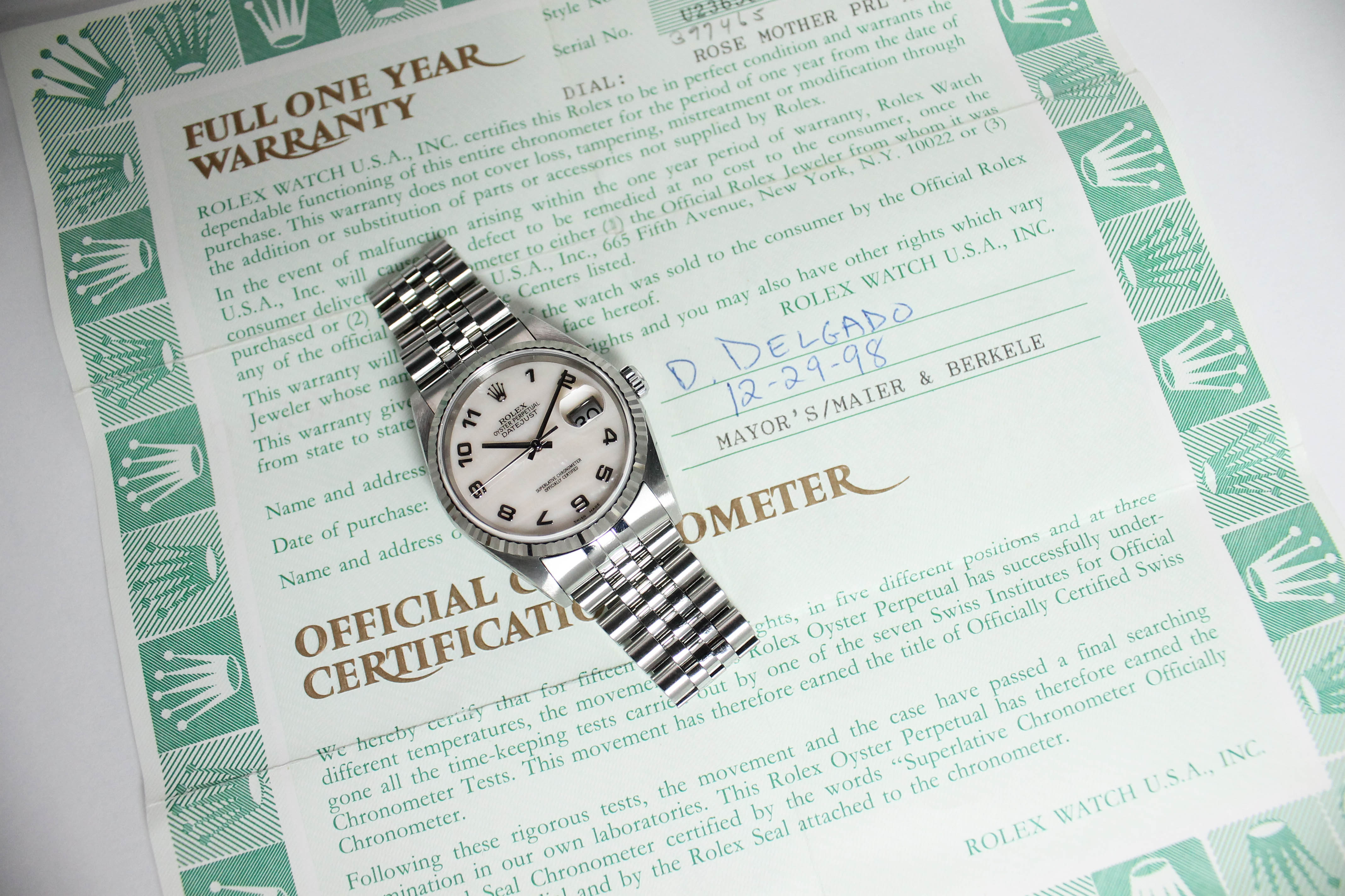 1997 Rolex Datejust Pink Mother of Pearl Dial Ref. 16234 (with Papers)