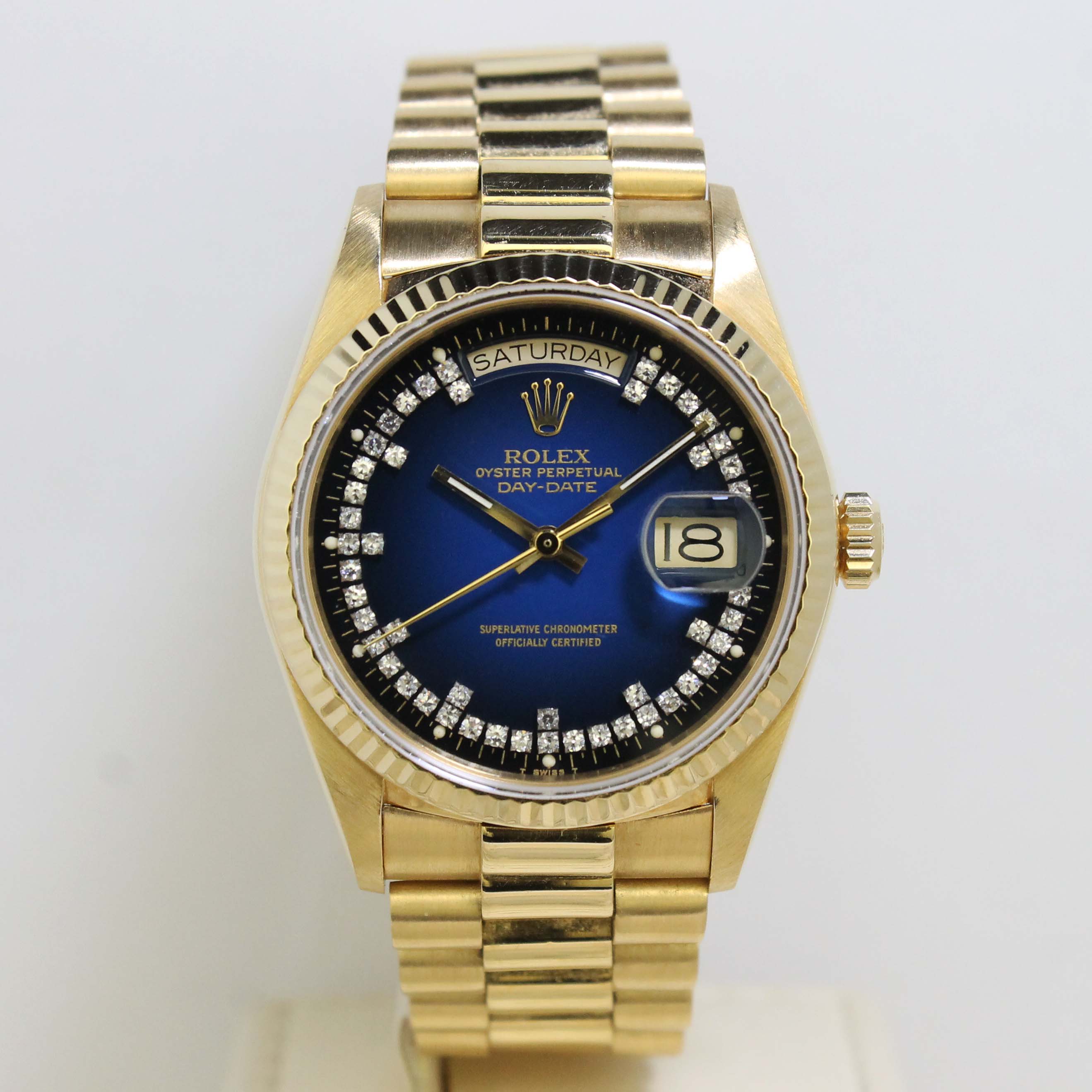 1984 Rolex Day Date Blue Vignette Diamond String Dial Ref. 18038