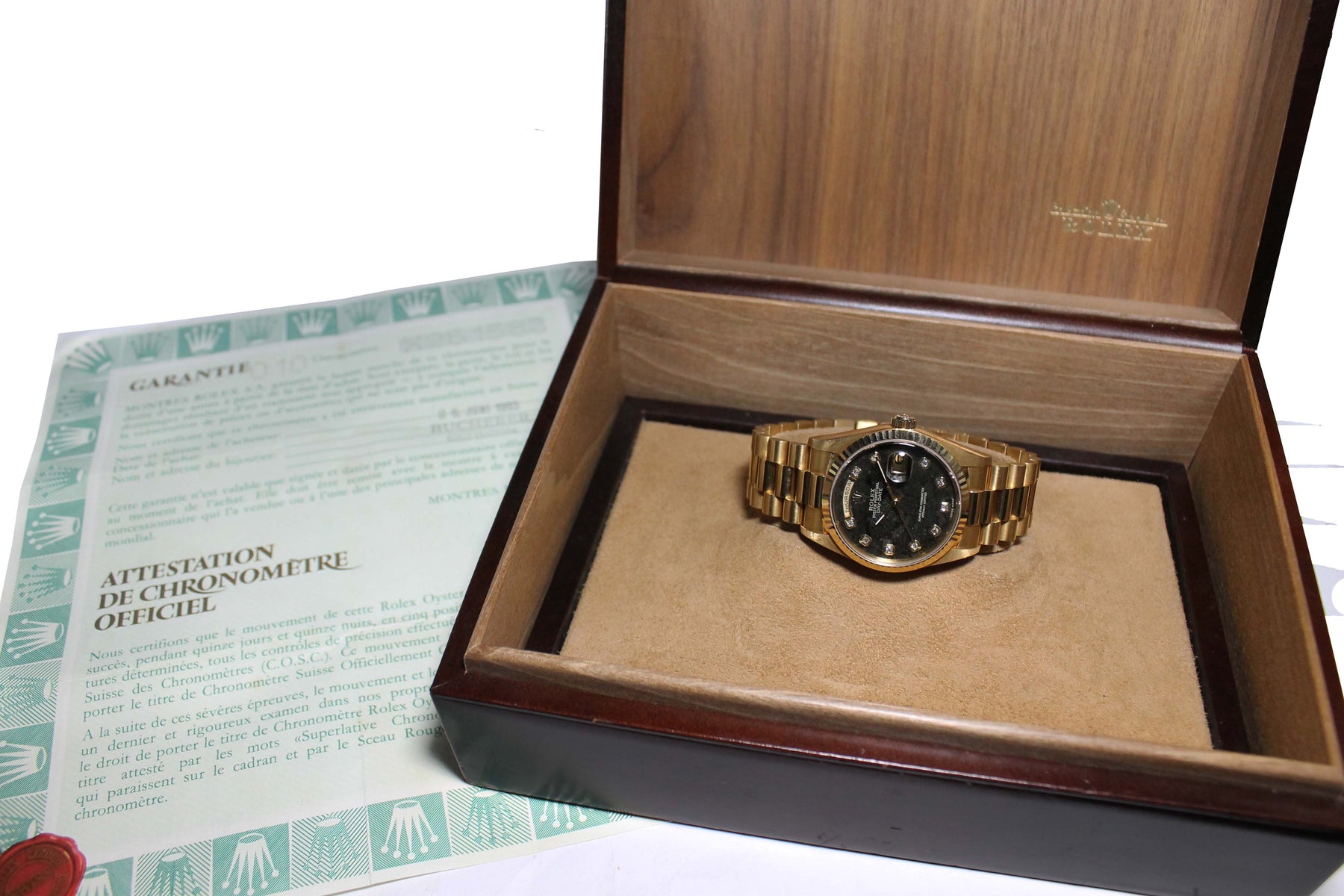 1991 Rolex Day Date Pyrite Diamond Dial Ref. 18238 (with Box & Papers)