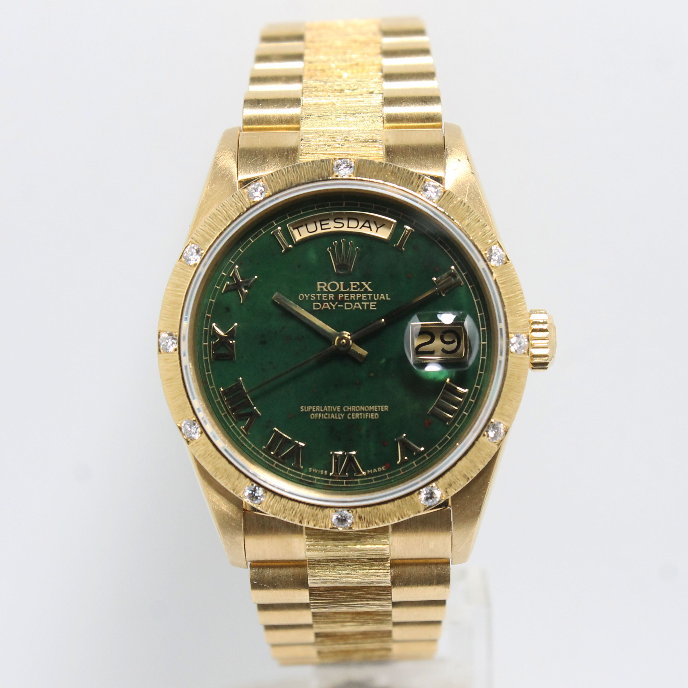 1986 Rolex Day Date Factory Bloodstone Dial and Diamond Bezel Ref. 18108