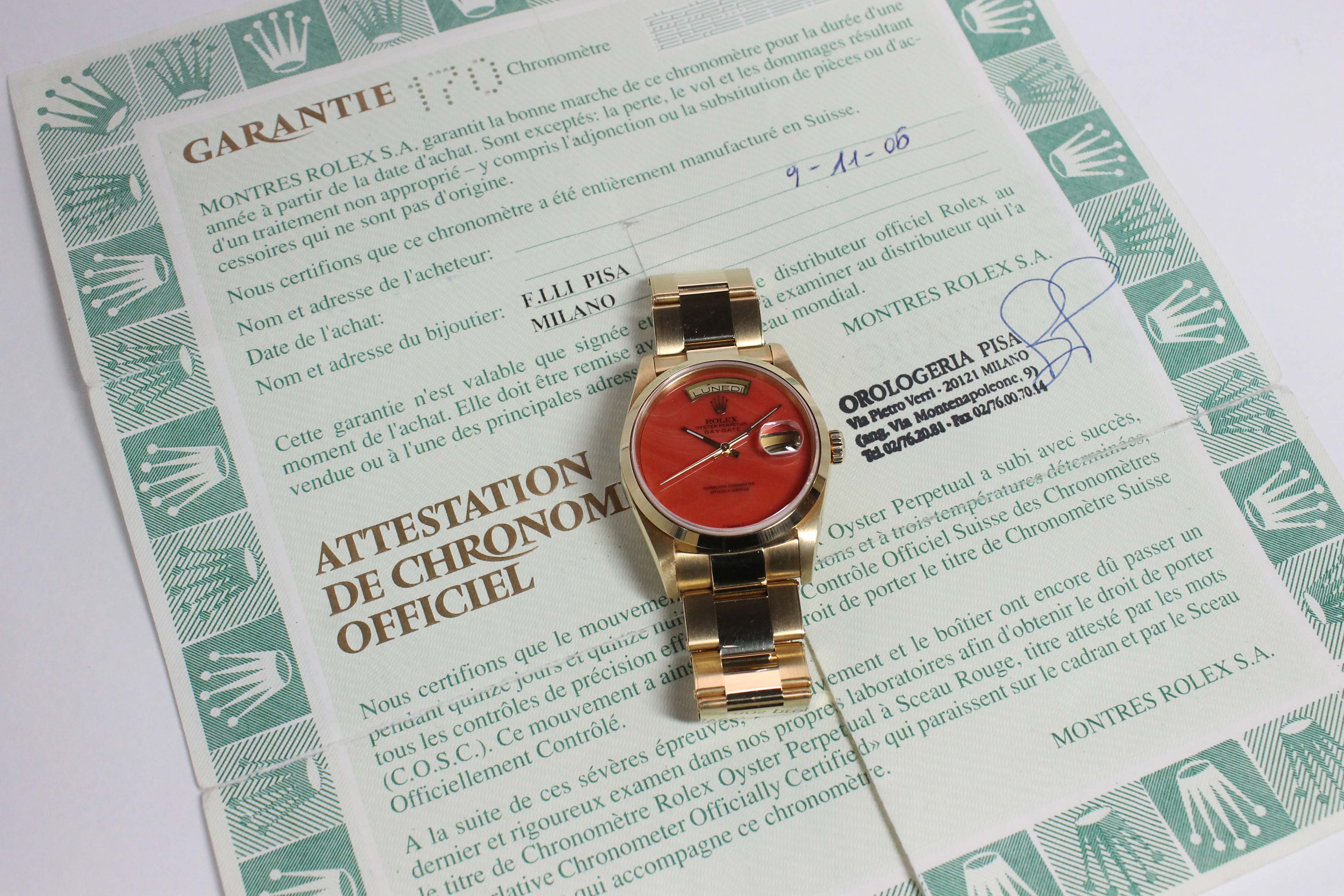 1999 Rolex Day Date Coral Ref. 18208 (with Papers) - Price on Request