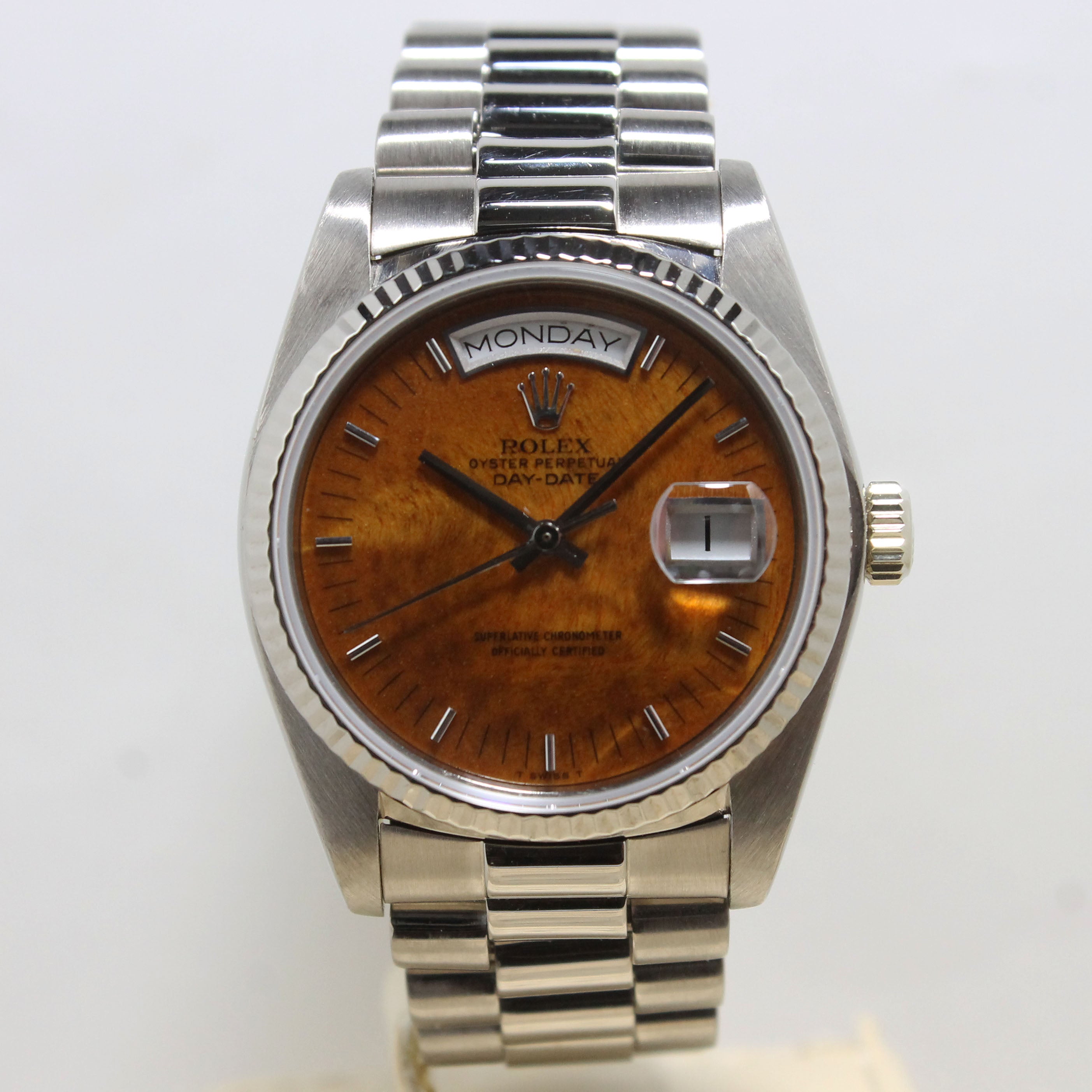 1983 Rolex Day Date White Gold Birch Wood Dial Ref. 18039