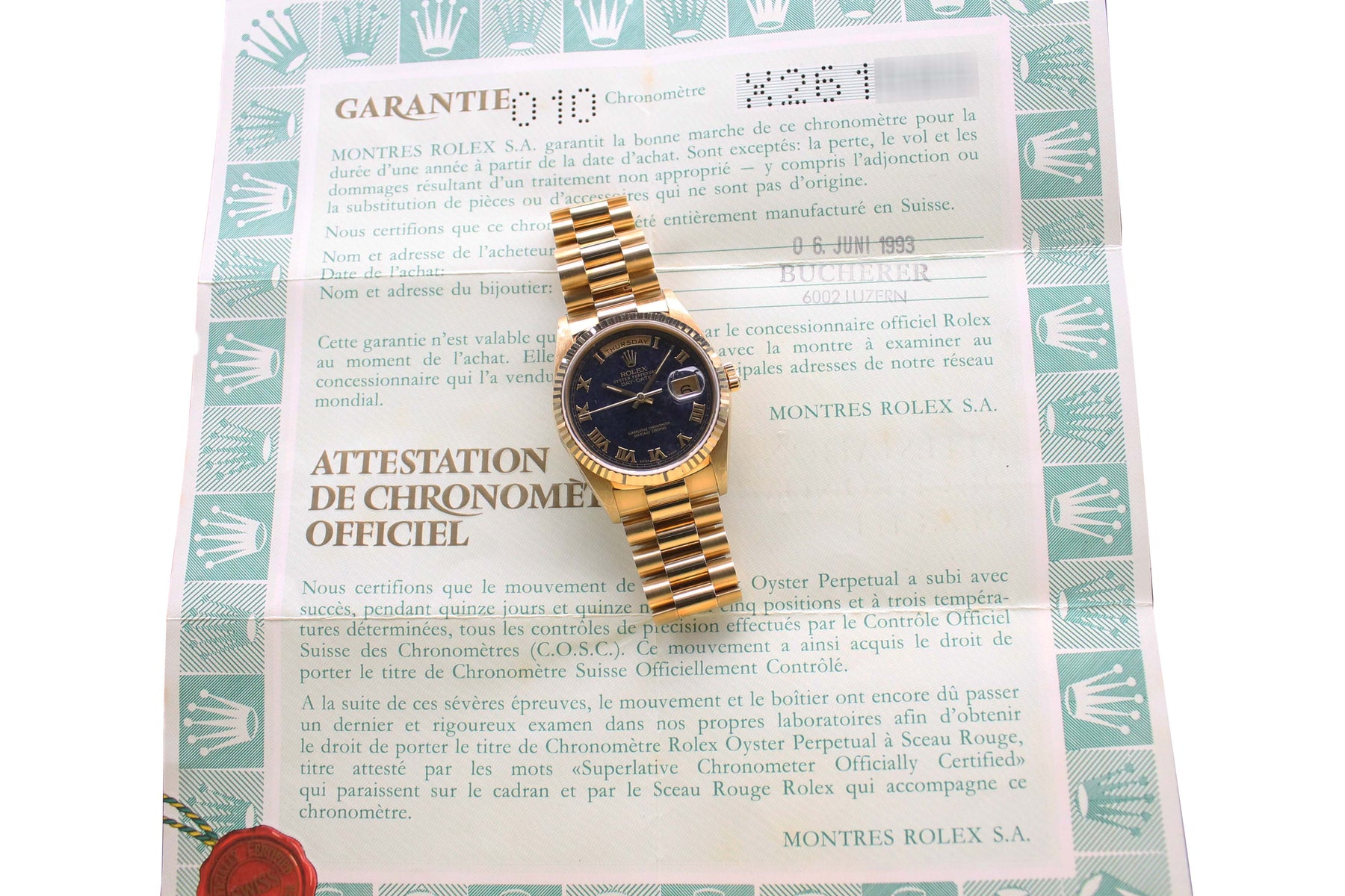 1991 Rolex Day Date Aventurine Dial Ref. 18238 (with Box & Papers)