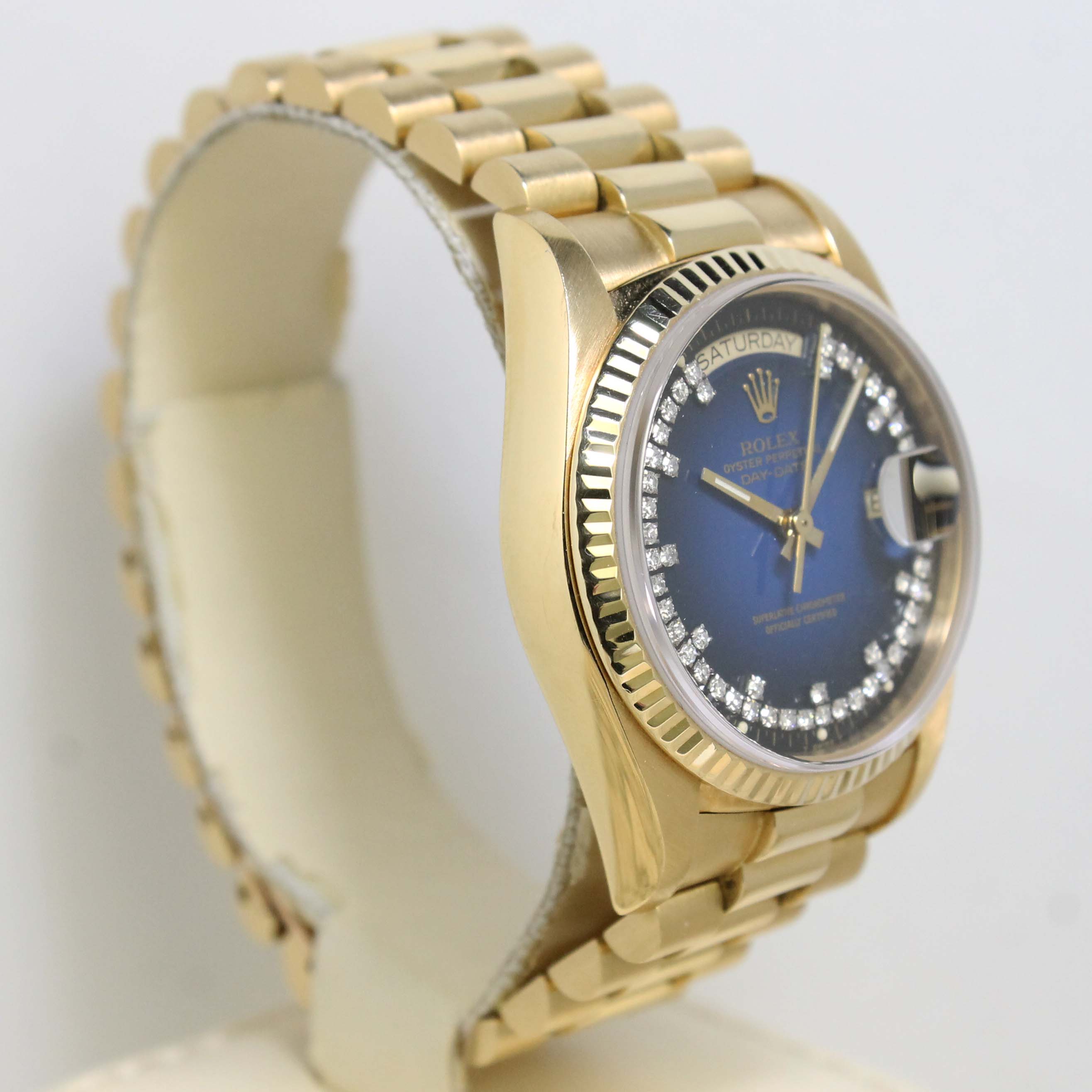 1984 Rolex Day Date Blue Vignette Diamond String Dial Ref. 18038