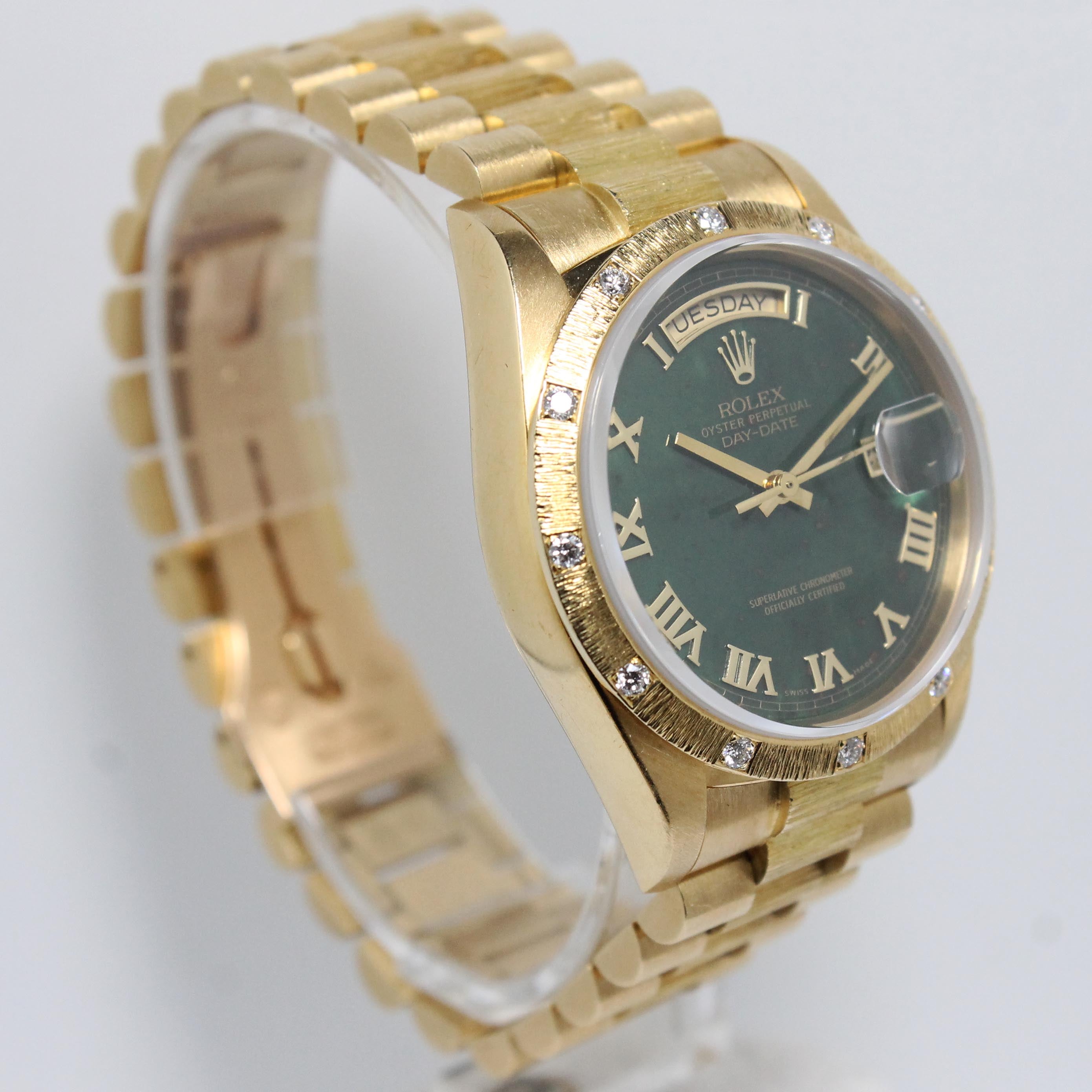 1986 Rolex Day Date Factory Bloodstone Dial and Diamond Bezel Ref. 18108