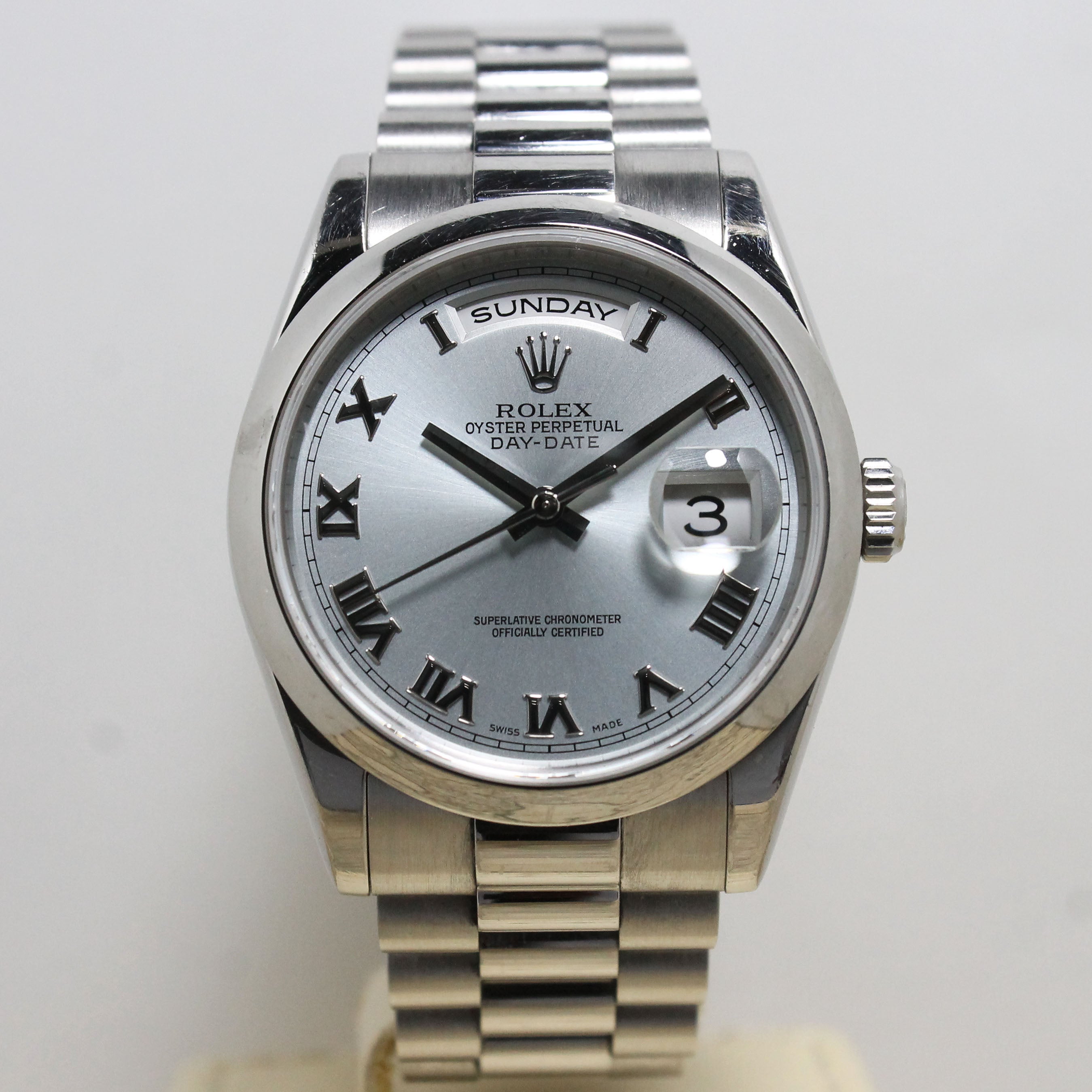 2004 Rolex Day Date Platinum Ice Blue Dial Ref. 118206 (Full Set)