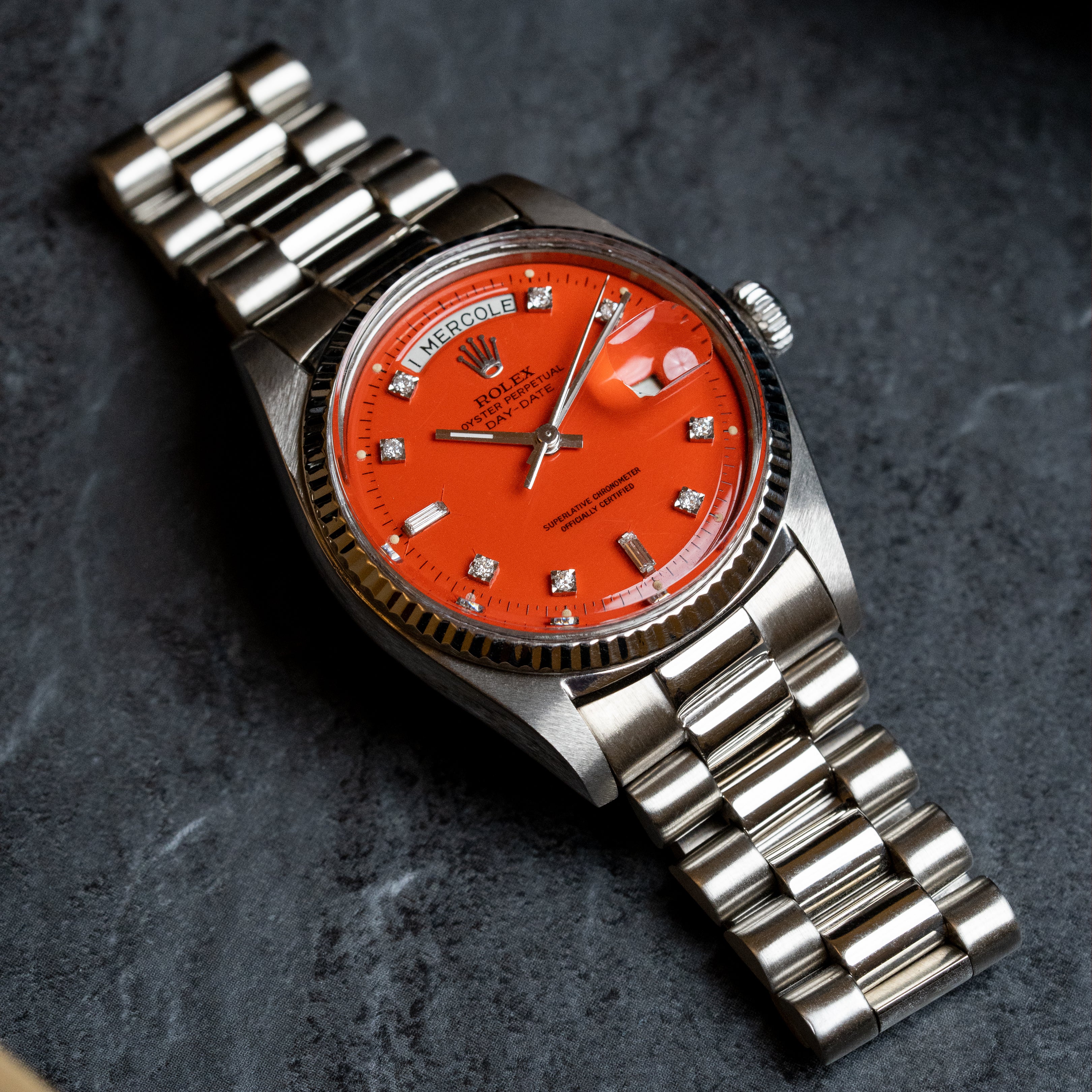 1973 Rolex Day Date Sunset Red Stella Diamond Dial Ref. 1803