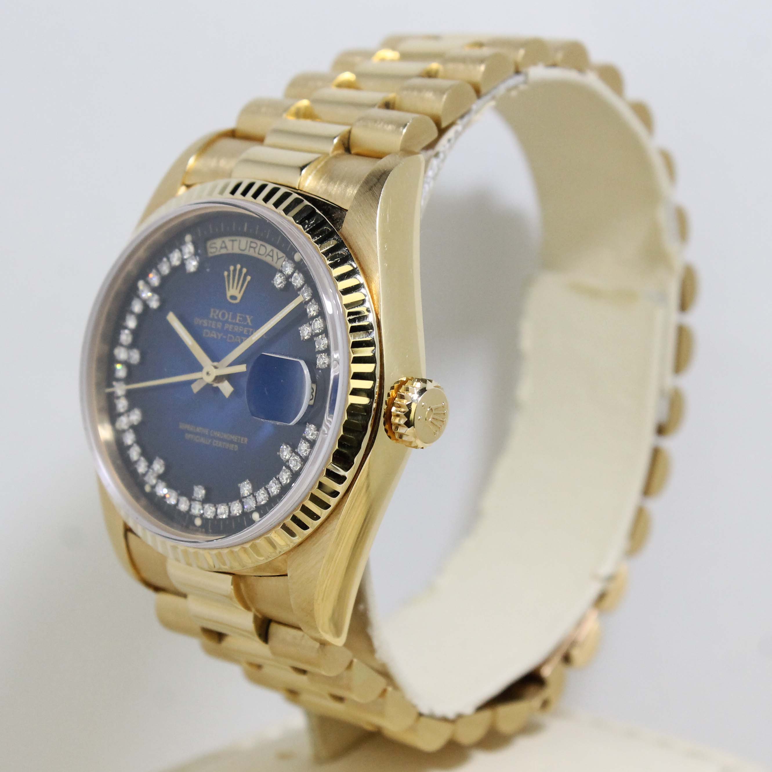 1984 Rolex Day Date Blue Vignette Diamond String Dial Ref. 18038