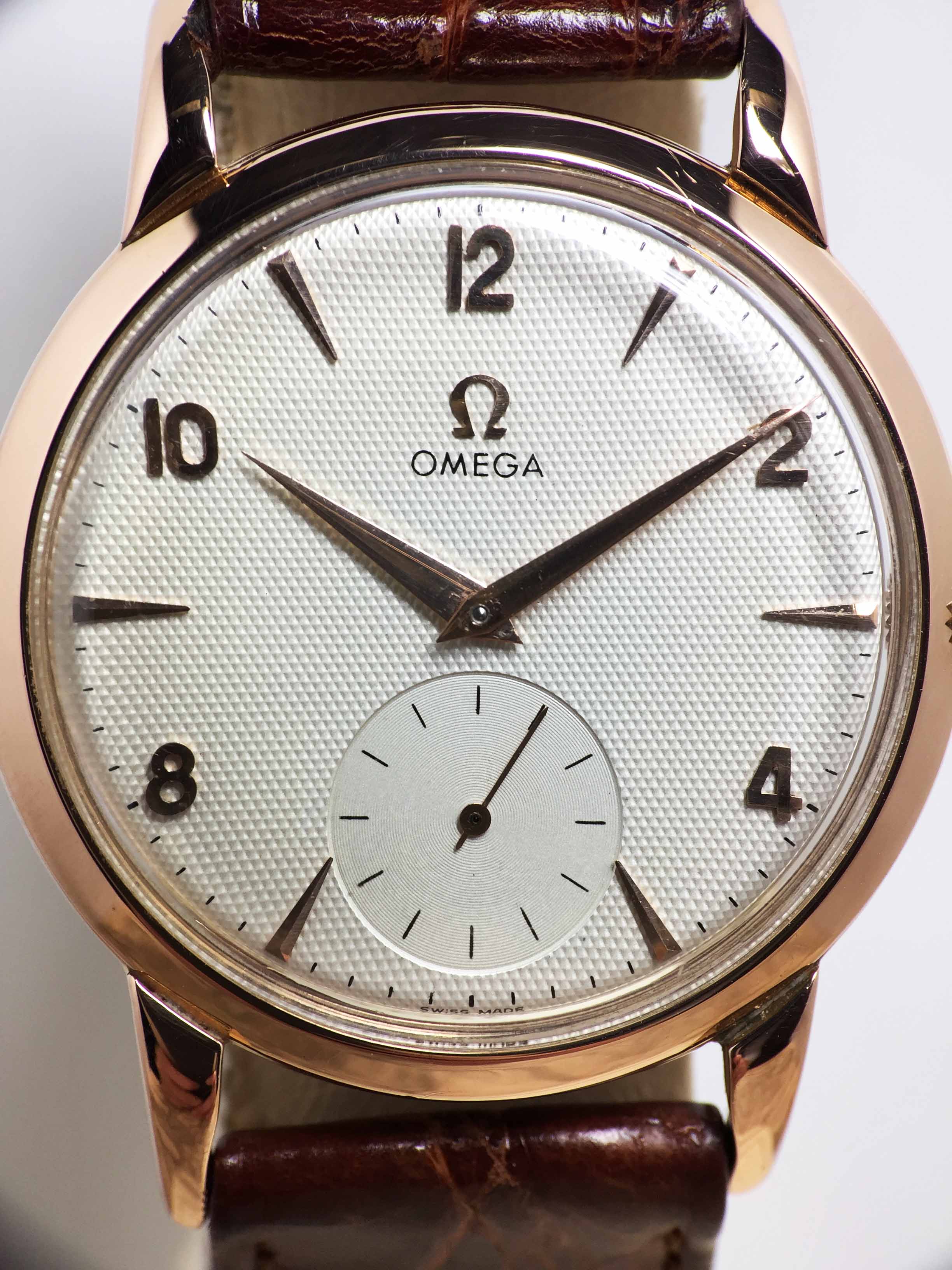 1956 Omega Dress Watch Pink Gold Honeycomb Dial Ref. 2685