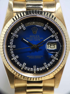 1984 Rolex Day Date Blue Vignette Diamond String Dial Ref. 18038