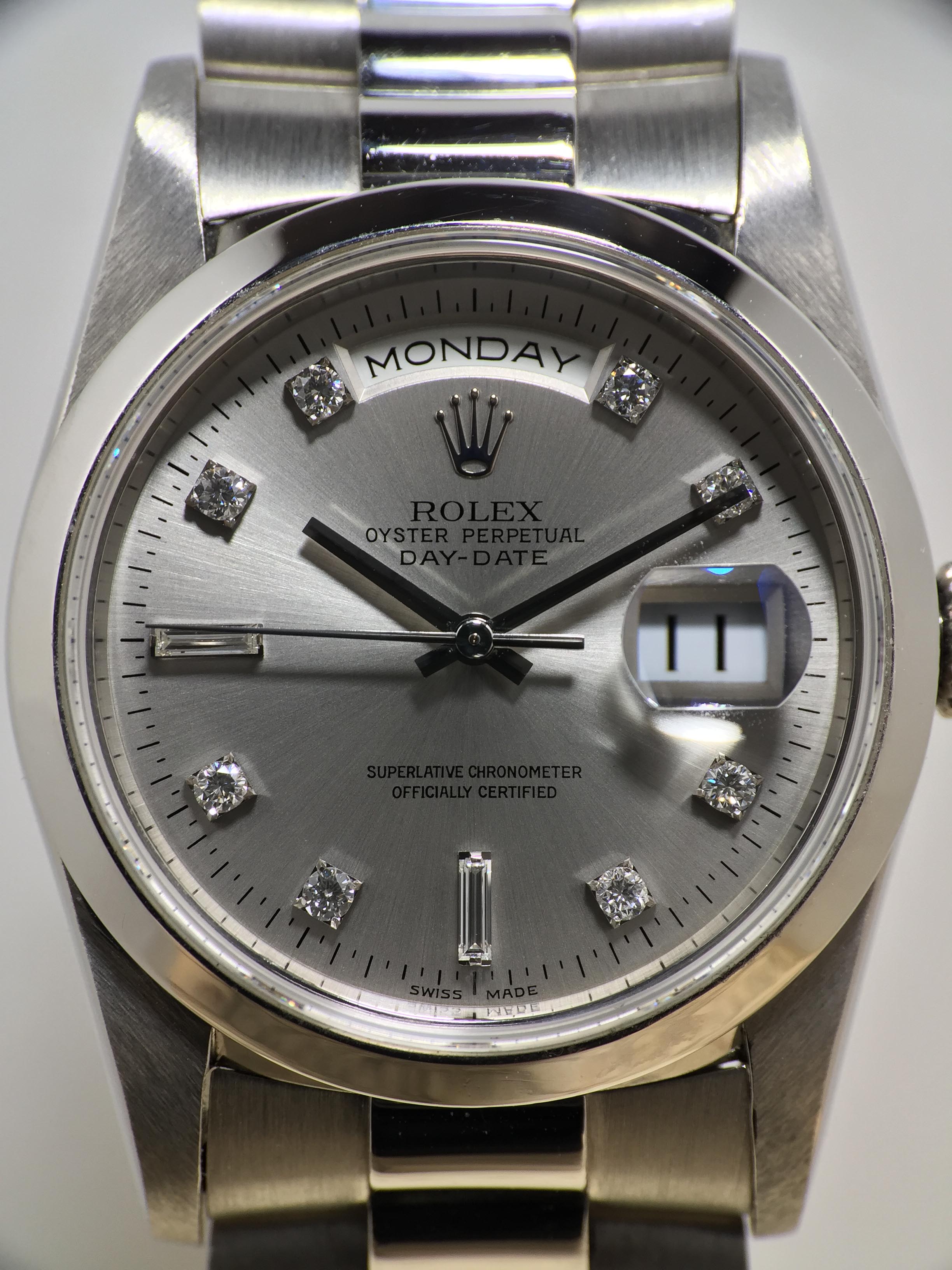 1996 Rolex Day Date Platinum Silver No Lume Diamond Dial Ref. 18206