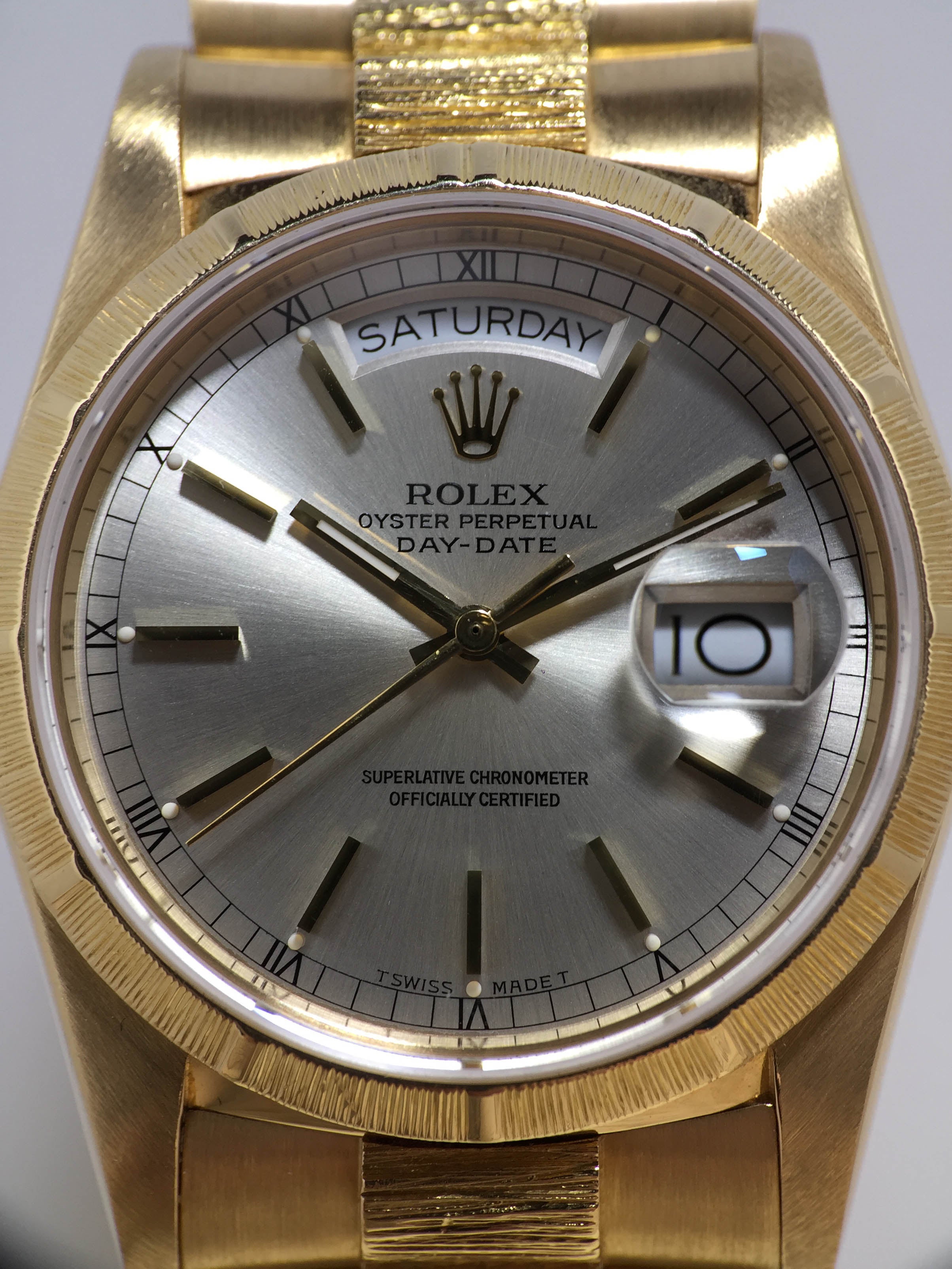 1987 Rolex Day Date Bark Finish Silver Dial Ref. 18078 (with Certificate )