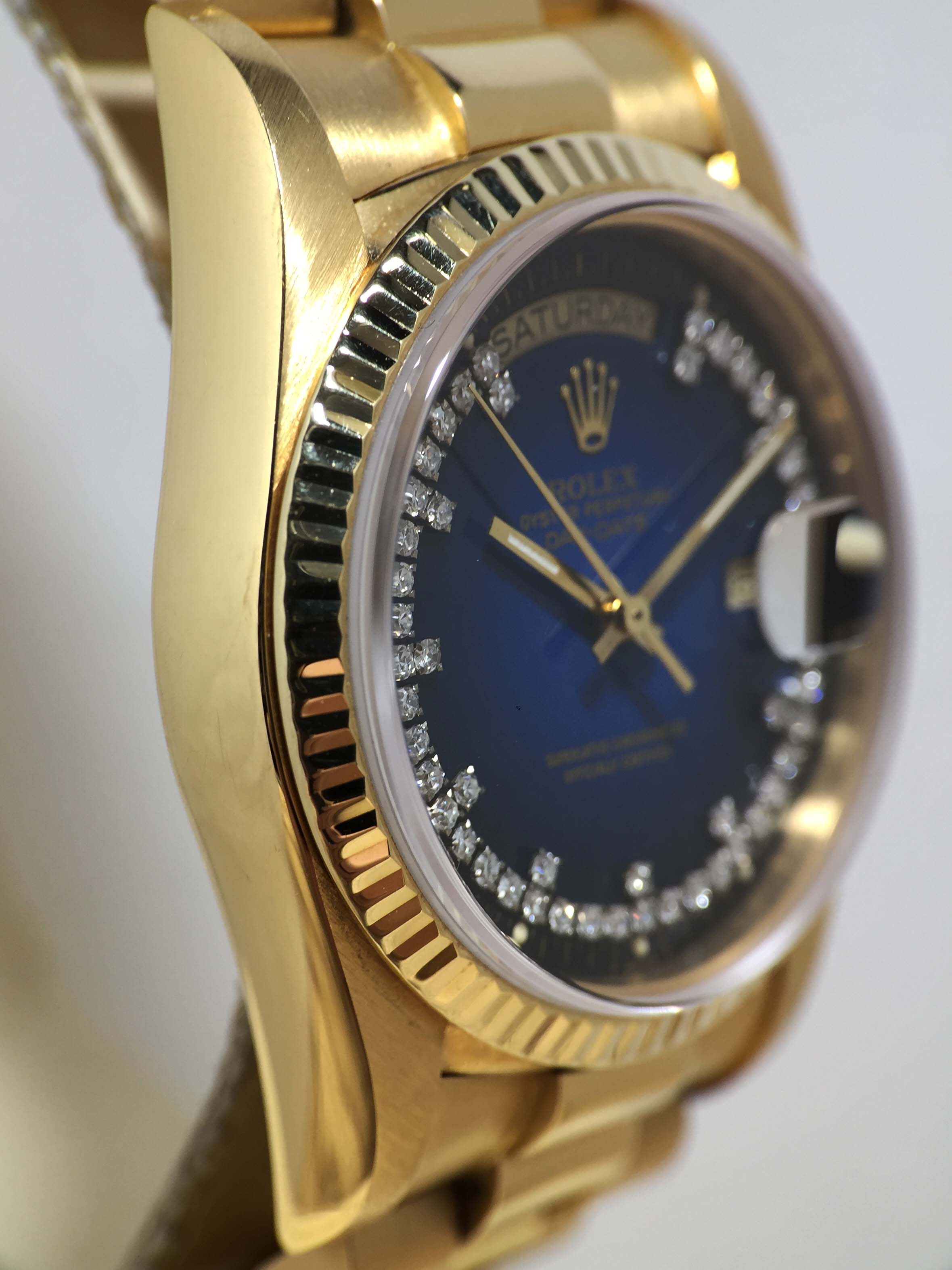 1984 Rolex Day Date Blue Vignette Diamond String Dial Ref. 18038