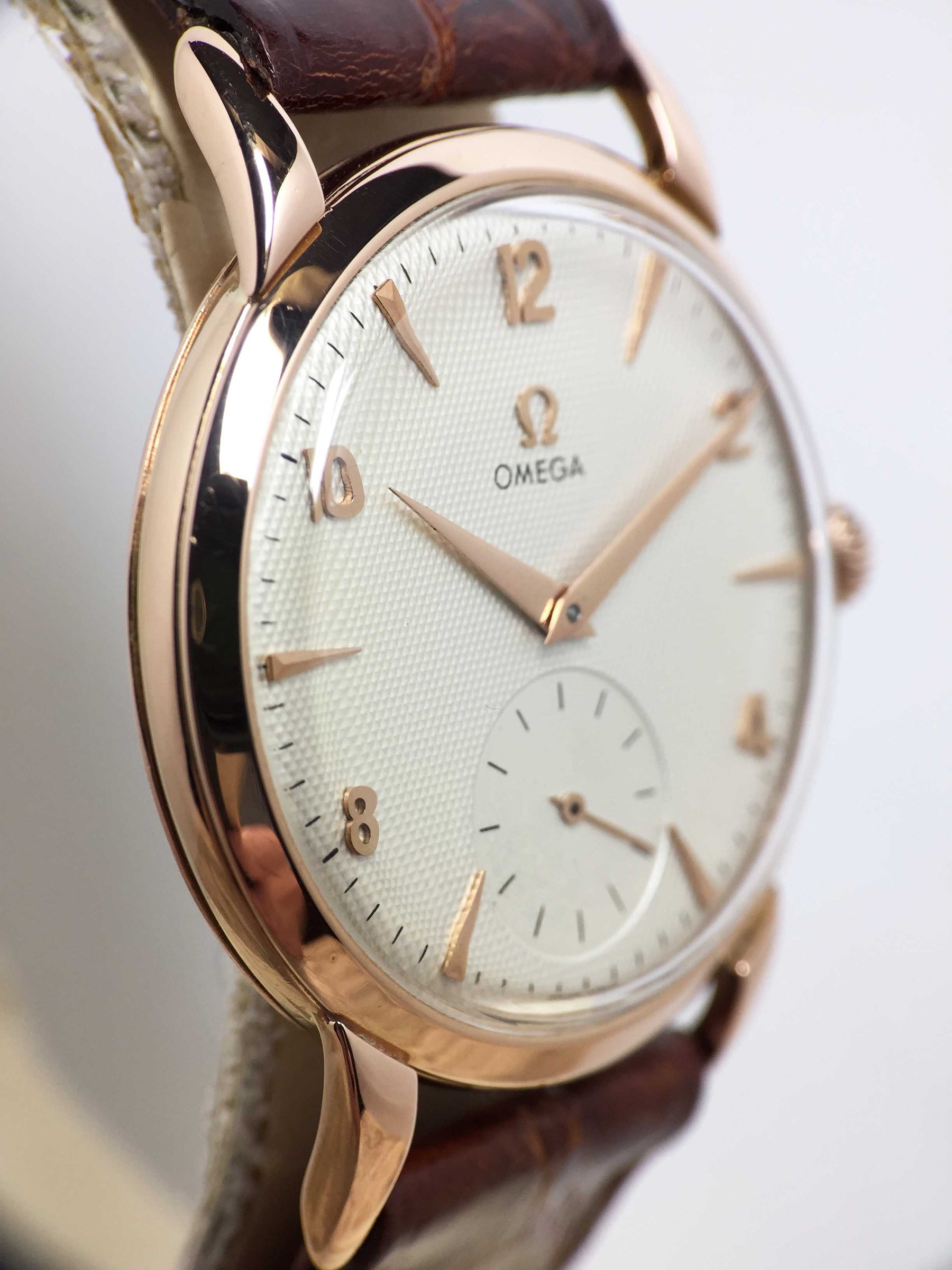 1956 Omega Dress Watch Pink Gold Honeycomb Dial Ref. 2685