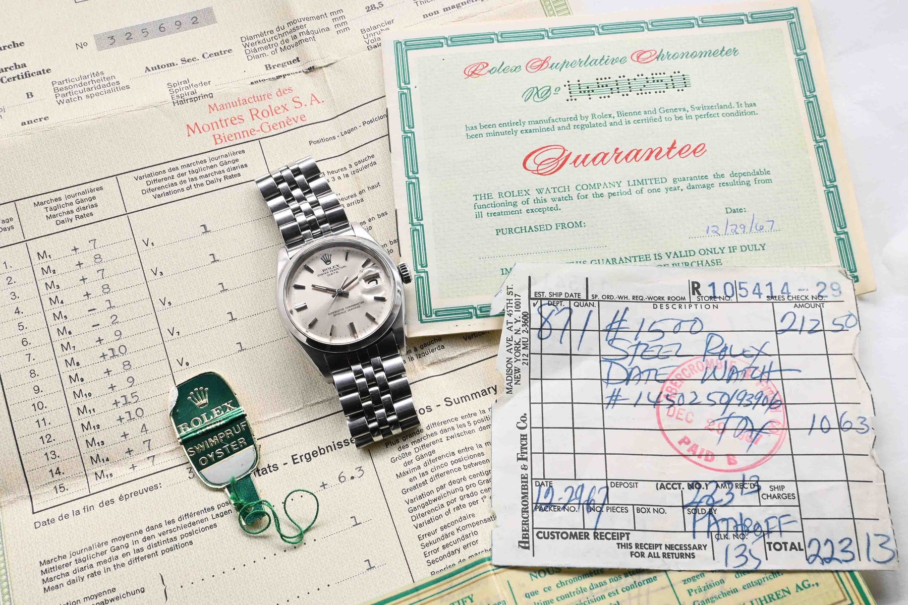 1967 Rolex Date Ref. 1500 (with Warranty and Invoice from Abercrombie & Fitch)