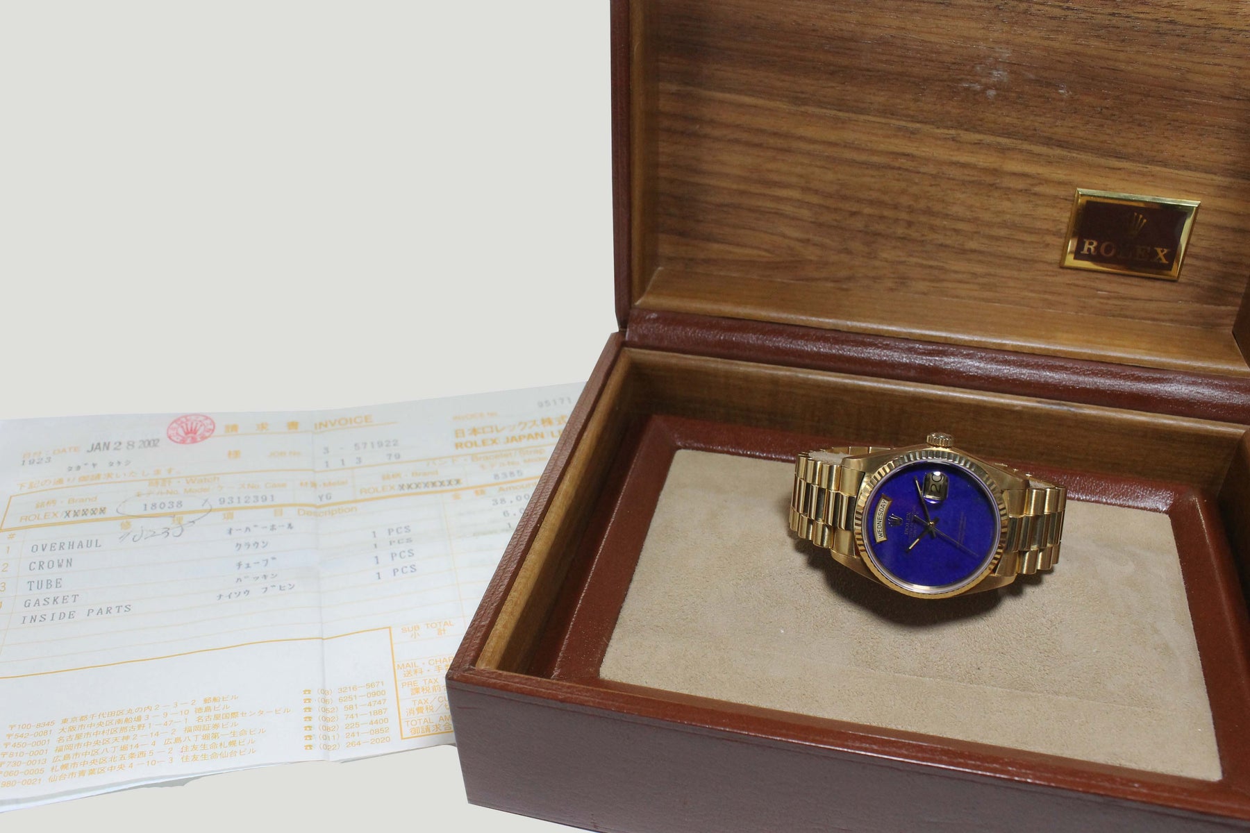 1986 Rolex Day Date Lapis Dial Ref. 18038 (with Rolex Service papers and Box)