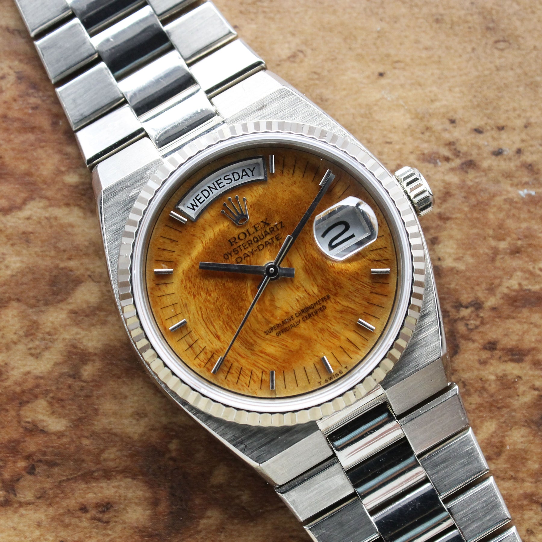 1986 Rolex Oysterquartz Day Date Birch Wood Dial Ref. 19019